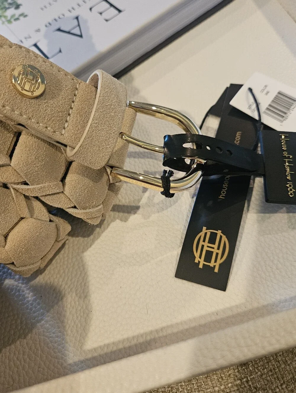 NEW! HOUSE OF HARLOW 1960 Soft Leather Suede Braided Belt Sand Gold Buckle Lg.